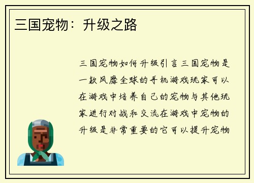 三国宠物：升级之路